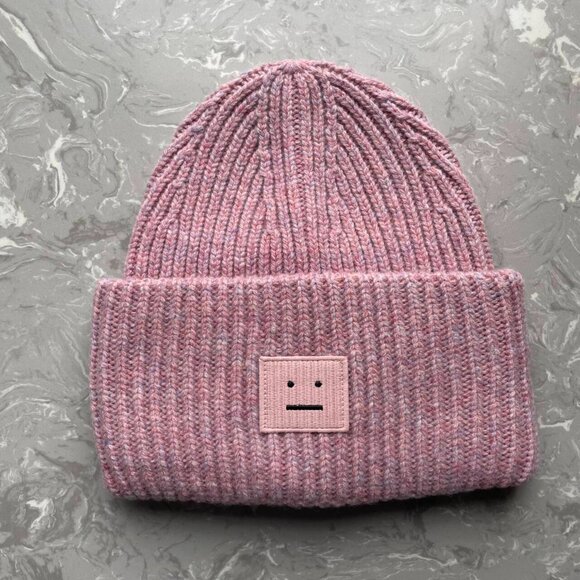 Acne Studios Pink Melange Wool Face Patch Beanie Cozy Designer Hat main image 4